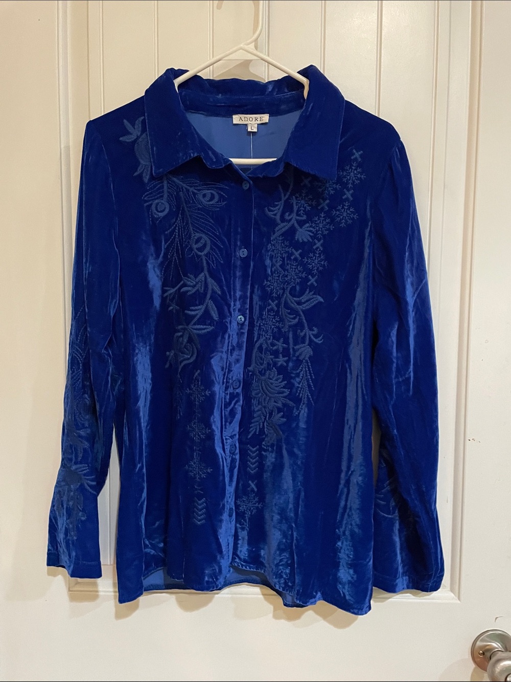 Adore Velvet Button-Down Shirt in Royal Blue with Embroidered Motif
